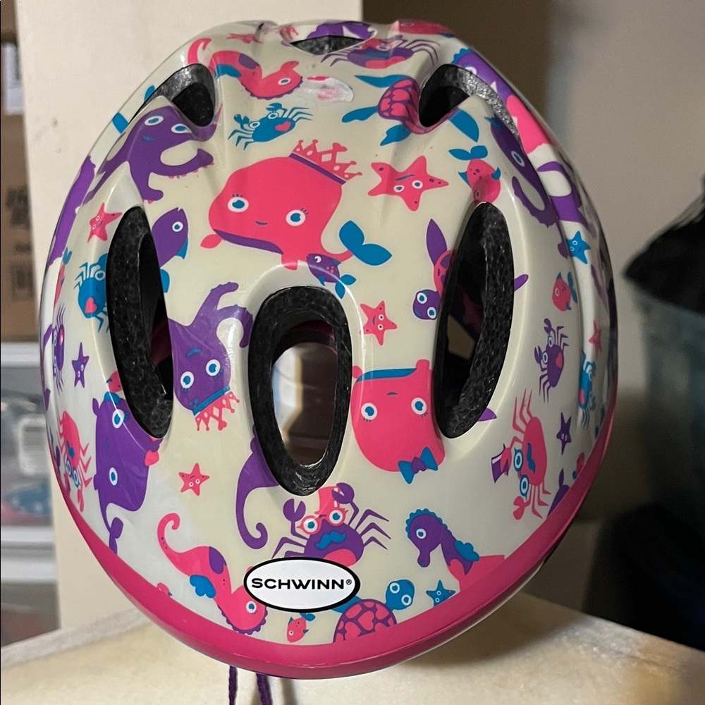 Schwinn White Helmet with Pink, Purple & Blue Sea Creatures